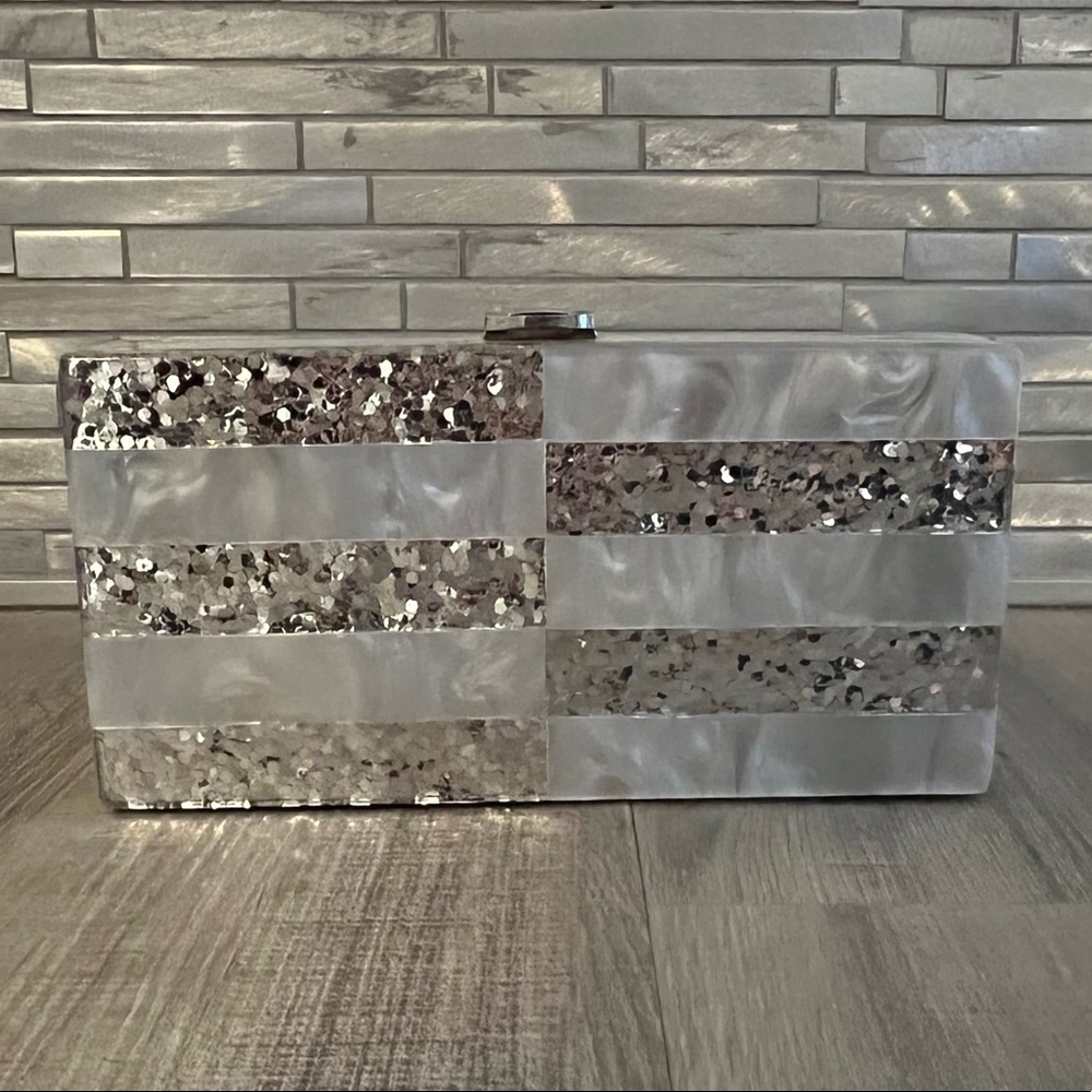 Milly Brand New Evening Box Clutch with Chain, silver and gray